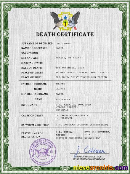 Sao Tome vital record death certificate